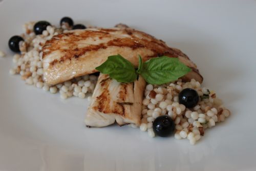 Post image for Grilled Mahi Mahi with Basil Lemon Marinade & Blueberry Couscous Salad